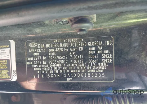 2011 Kia Sorento Lx из США, поврежденный, VIN 5XYKT3A1XBG183235